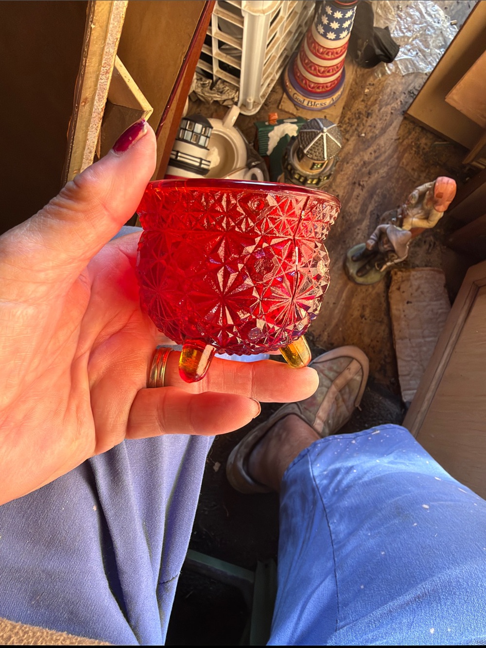 Red Pressed Glass Three-Leg Candy Dish - Vintage-Style Home Art